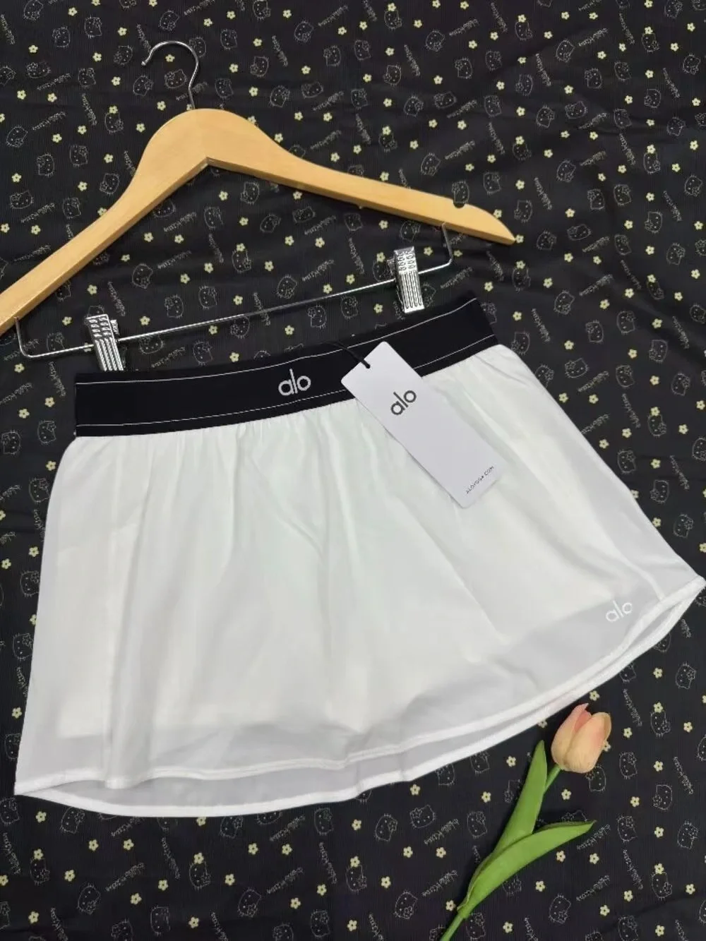 ALO Yoga White Skater Skirt with Black Logo Waistband